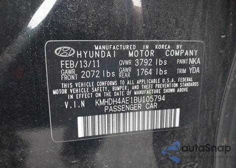 2011 Hyundai Elantra Gls (Ulsan Plant) из США, поврежденный, VIN KMHDH4AE1BU105794